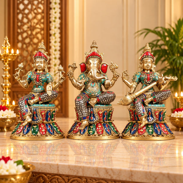 Brass Ganesha, Lakshmi & Saraswati Idol Set on Lotus Base | Handcrafted Divine Trio (Height: 15 Inches) Mandir Setting