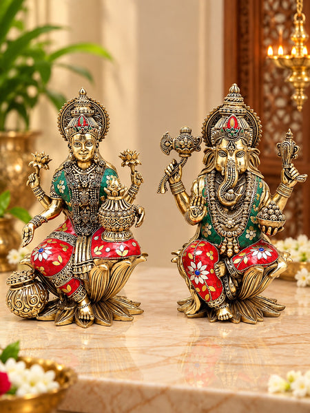 Superfine Brass Lakshmi Ganesha Pair | Handcrafted Idols with Intricate Inlay Work (Height: 10 Inches)