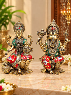 Superfine Brass Lakshmi Ganesha Pair | Handcrafted Idols with Intricate Inlay Work (Height: 10 Inches)