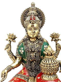Superfine Brass Lakshmi Ganesha Pair | Handcrafted Idols with Intricate Inlay Work (Height: 10 Inches)