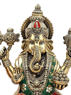 Superfine Brass Lakshmi Ganesha Pair | Handcrafted Idols with Intricate Inlay Work (Height: 10 Inches)