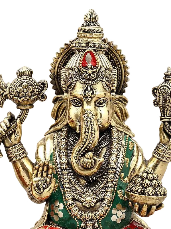 Superfine Brass Lakshmi Ganesha Pair | Handcrafted Idols with Intricate Inlay Work (Height: 10 Inches) Study Setting