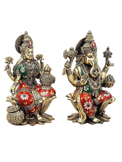Superfine Brass Lakshmi Ganesha Pair | Handcrafted Idols with Intricate Inlay Work (Height: 10 Inches)
