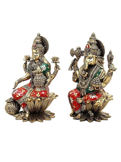 Superfine Brass Lakshmi Ganesha Pair | Handcrafted Idols with Intricate Inlay Work (Height: 10 Inches)
