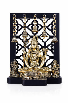 Brass Shiva idol seated with Ganesha & Kartikeya, decorative hanging bells and chains