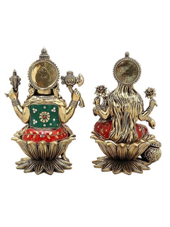 Superfine Brass Lakshmi Ganesha Pair | Handcrafted Idols with Intricate Inlay Work (Height: 10 Inches)