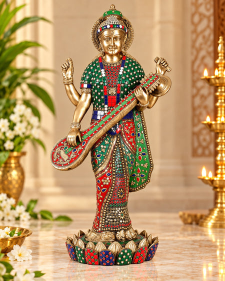 Brass Standing Saraswati Statue | Handcrafted Goddess Saraswati Idol with Intricate Stonework (Height: 25 Inches)
