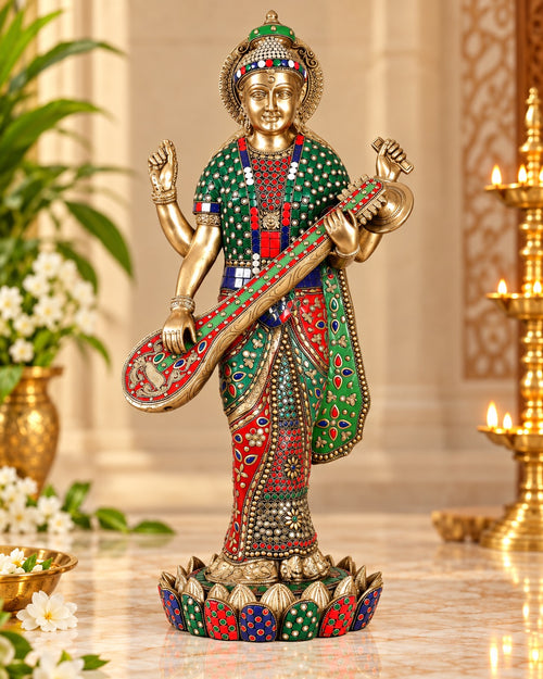 Brass Standing Saraswati Statue | Handcrafted Goddess Saraswati Idol with Intricate Stonework (Height: 25 Inches)