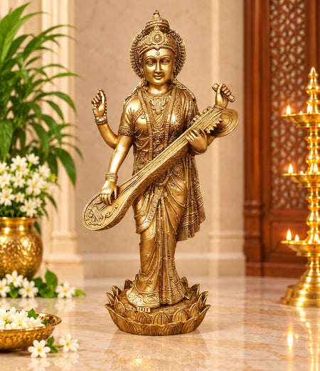 Brass Standing Maa Saraswati Murti | Handcrafted Goddess Saraswati Statue (Height: 24 Inches)