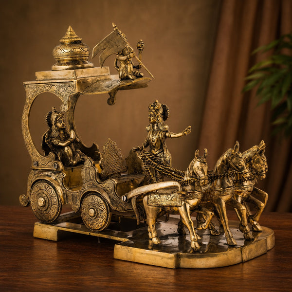 Brass Krishna Arjuna Rath Sculpture (Height:8.5 Inches)