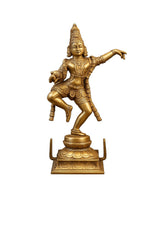 Antique copper-toned brass dancing Krishna sculpture, raised arm and kneeling pose