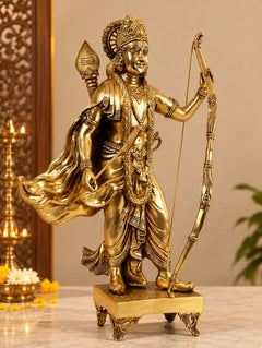 Gold brass Lord Ram idol statue with crown, bow and quiver on ornate base