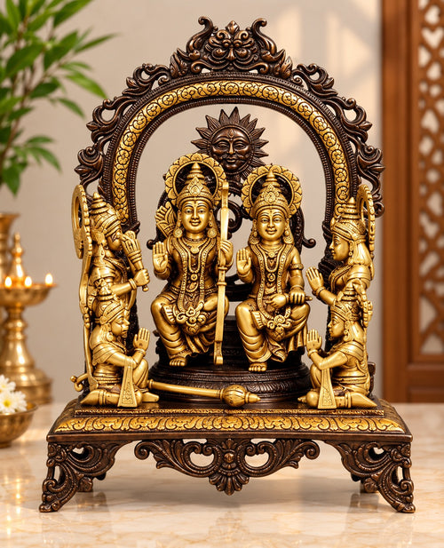 Premium Brass Ram Darbar Idol with Lord Ram, Goddess Sita, Lakshman & Hanuman | Traditional Golden Temple Decor (Height: 16.5 Inches)