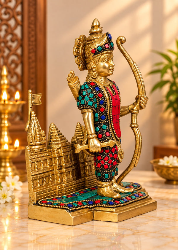 Brass Gemstone Work Ram Lalla Murti | Traditional Hindu Temple Idol | Pooja Room Décor (Height: 9.2 Inches) Study Setting