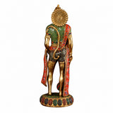 Hanumanji brass sculpture showing back drape with red, teal, and gold jeweled details