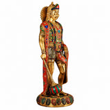Hanumanji brass sculpture in red, teal, and gold jeweled attire with raised face