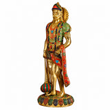 Hanumanji brass sculpture with jeweled red robe and multicolor ornaments, hands by sides
