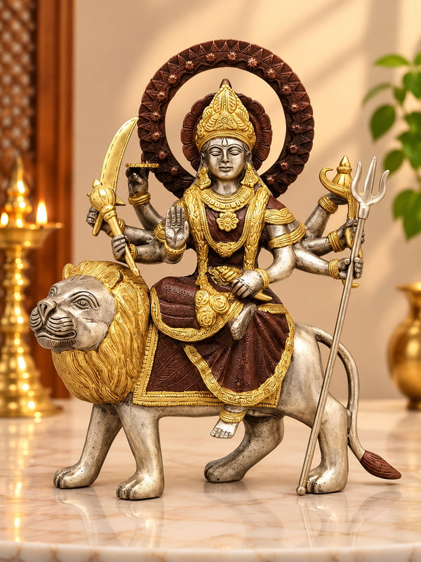 Brass Sherawali Maa (Goddess Durga) Idol | Traditional Handcrafted Statue of Maa Durga Seated on Lion (Height: 12 Inches) Mandir Setting
