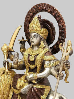Brass Sherawali Maa (Goddess Durga) Idol | Traditional Handcrafted Statue of Maa Durga Seated on Lion (Height: 12 Inches)