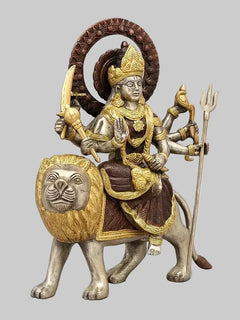 Brass Sherawali Maa (Goddess Durga) Idol | Traditional Handcrafted Statue of Maa Durga Seated on Lion (Height: 12 Inches)