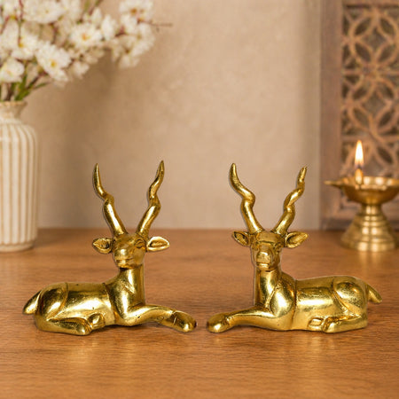 Elegant Brass Sitting Deer Pair Figurine Representing Grace and Peaceful Harmony (Height:4 Inches)