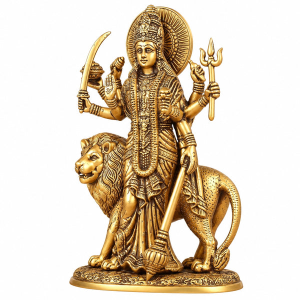 Brass Ashtabhuja Durga Idol with Lion | Handmade Eight-Armed Goddess Durga Statue (Height: 10.5 Inches) Entryway Setting