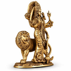 Brass Ashtabhuja Durga Idol with Lion | Handmade Eight-Armed Goddess Durga Statue (Height: 10.5 Inches)