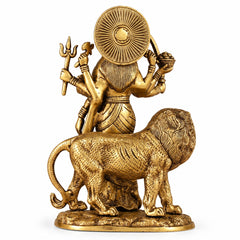 Brass Ashtabhuja Durga Idol with Lion | Handmade Eight-Armed Goddess Durga Statue (Height: 10.5 Inches)