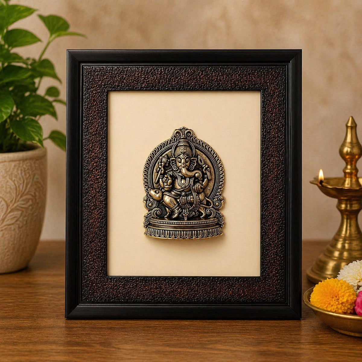 Brass Lord Ganesha Idol with Wooden Frame – Elegant Home Décor Accent (Height:9.5 Inches)