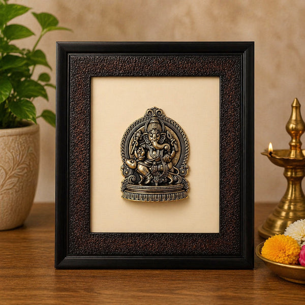 Brass Lord Ganesha Idol with Wooden Frame – Elegant Home Décor Accent (Height:9.5 Inches)
