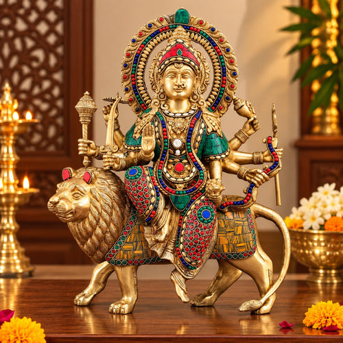 Brass Sherawali Mata Idol | Handmade Goddess Durga Statue | Divine Lion Rider (Height: 15 Inches)