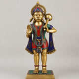 Brass standing Hanumanji statue with colorful royal robe, raising hand and holding mace