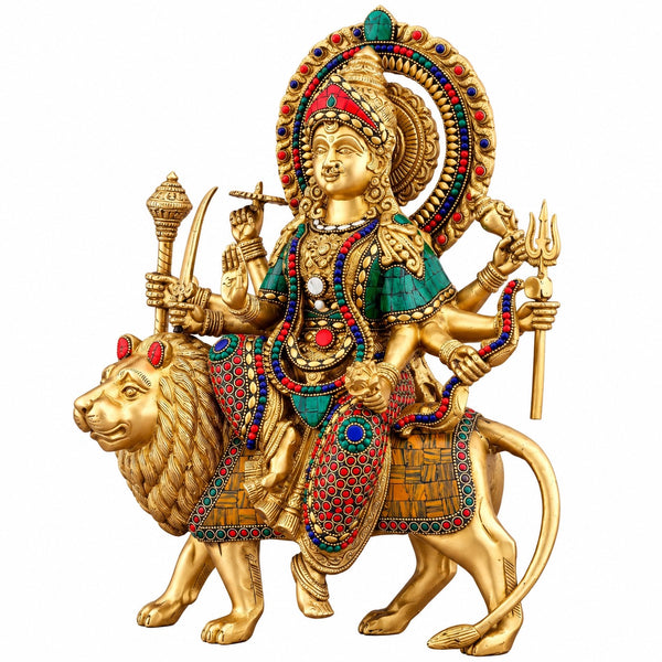 Brass Sherawali Mata Idol | Handmade Goddess Durga Statue | Divine Lion Rider (Height: 15 Inches) Entryway Setting
