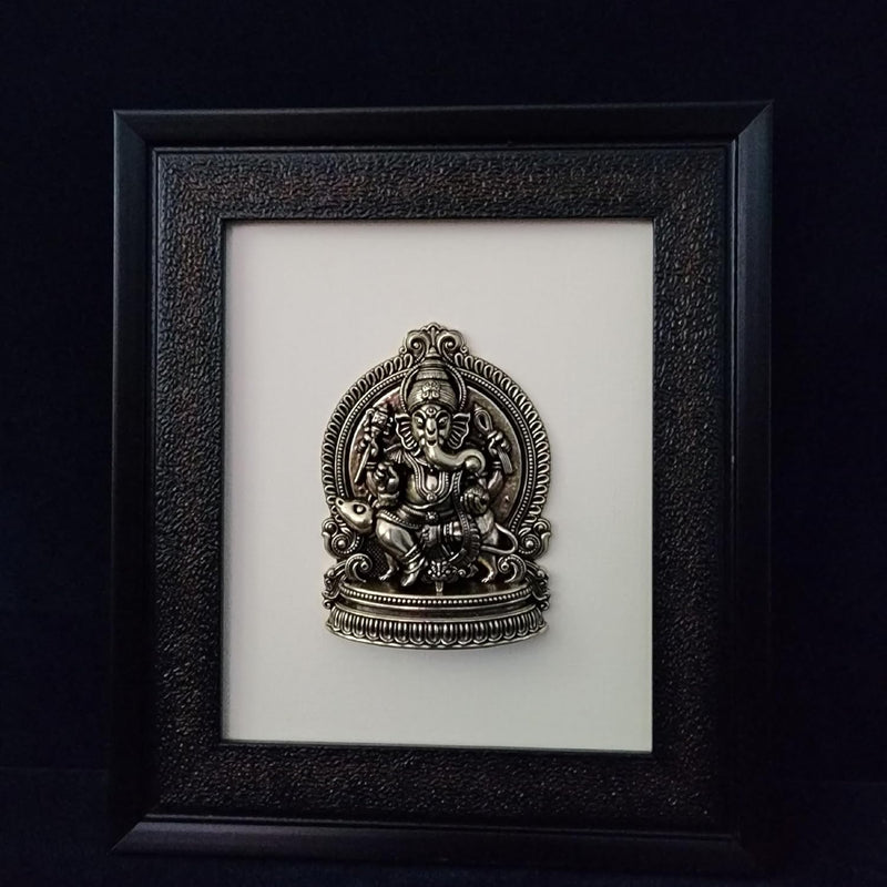 Brass Lord Ganesha Idol with Wooden Frame – Elegant Home Décor Accent (Height:9.5 Inches)