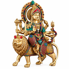 Brass Sherawali Mata Idol | Handmade Goddess Durga Statue | Divine Lion Rider (Height: 15 Inches)