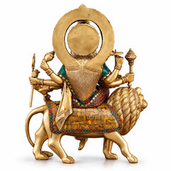 Brass Sherawali Mata Idol | Handmade Goddess Durga Statue | Divine Lion Rider (Height: 15 Inches)