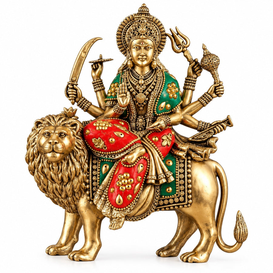 Brass Superfine Meenakari Goddess Durga Ambe Mata Seated on Lion | Handmade Idol (Height: 8 Inches) Craft Detail