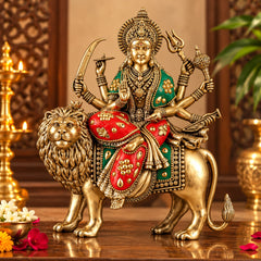 Brass Superfine Meenakari Goddess Durga Ambe Mata Seated on Lion | Handmade Idol (Height: 8 Inches)