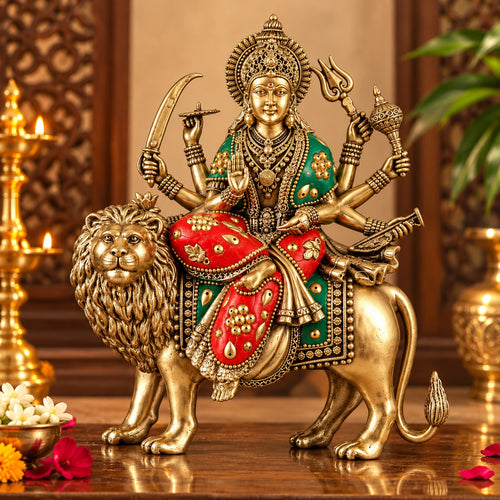 Brass Superfine Meenakari Goddess Durga Ambe Mata Seated on Lion | Handmade Idol (Height: 8 Inches)