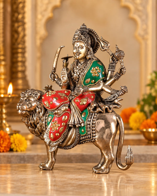 Brass Superfine Meenakari Goddess Durga Ambe Mata Seated on Lion | Handmade Idol (Height: 8 Inches) Study Setting