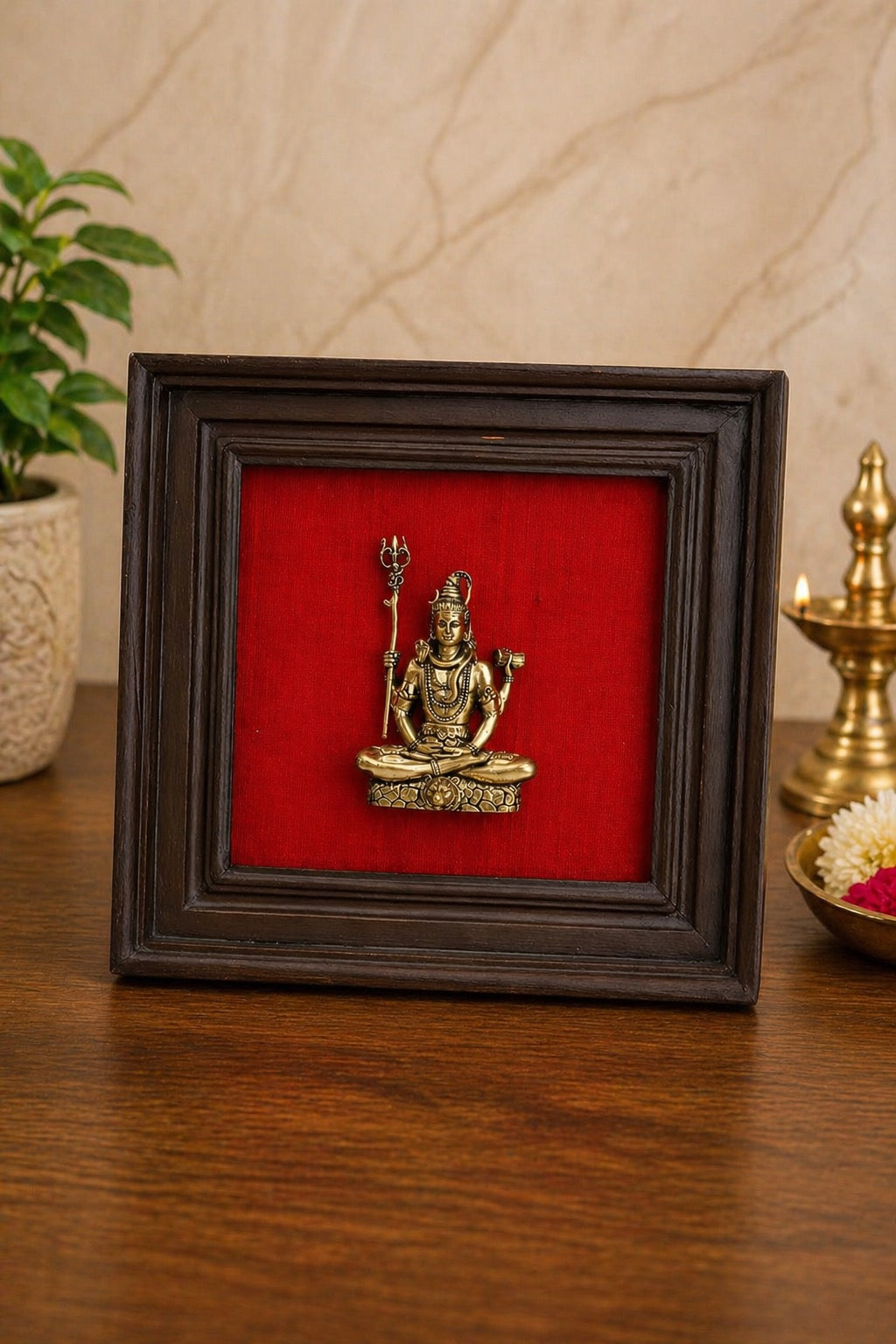 Brass Lord Shiva Idol in Wooden Frame with Red Dupion Silk Background – Handmade Pooja Wall Décor (Height:9.85 Inches)