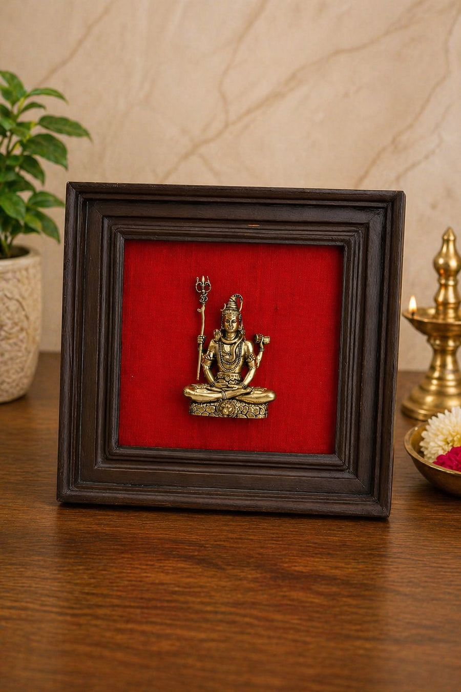 Brass Lord Shiva Idol in Wooden Frame with Red Dupion Silk Background – Handmade Pooja Wall Décor (Height:9.85 Inches)