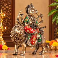 Brass Superfine Meenakari Goddess Durga Ambe Mata Seated on Lion | Handmade Idol (Height: 8 Inches)