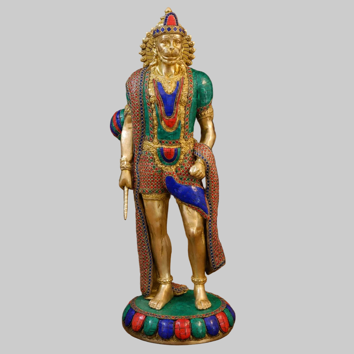 Brass Standing Hanuman Statue with Golden and Stone Finish (Height:23 Inches)