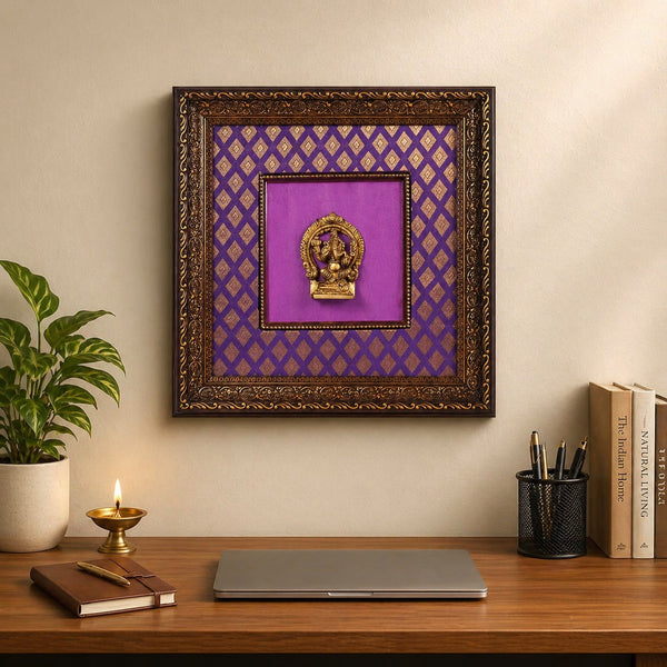 Brass Lord Ganesha Wall Hanging Idol in Wooden Frame for Home, Mandir & Office Décor (Height:13 Inches)