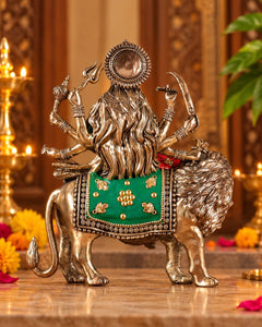 Brass Superfine Meenakari Goddess Durga Ambe Mata Seated on Lion | Handmade Idol (Height: 8 Inches)