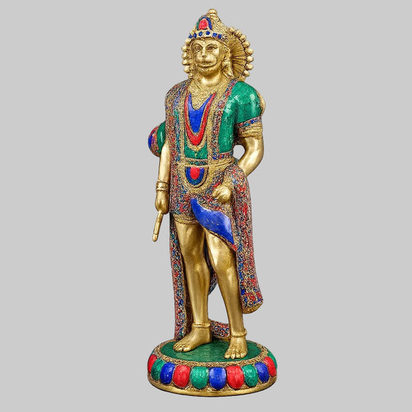 Brass Standing Hanuman Statue with Golden and Stone Finish (Height:23 Inches) Entryway Setting