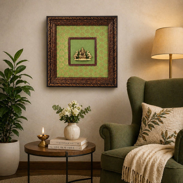 Brass Gajalakshmi Idol in Wooden Frame – Elegant Wall Hanging for Home, Temple & Office Décor (Height:11 Inches)