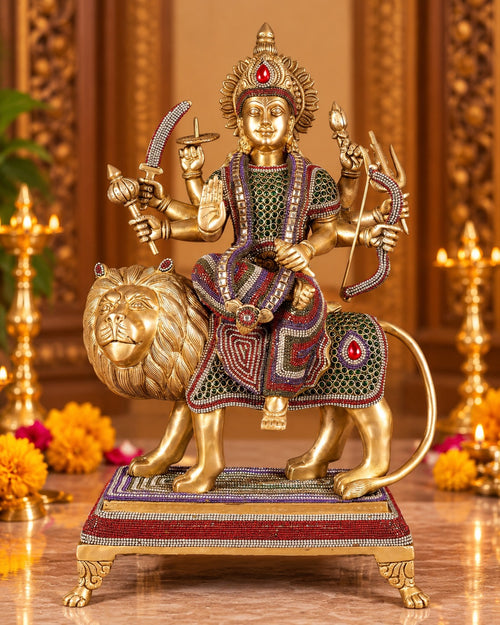 Brass Large Superfine Goddess Durga Mata Statue with Intricate Jewellery Work (Height: 21.5 Inches)