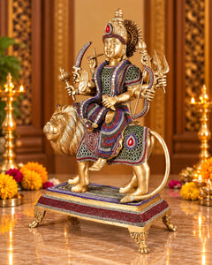 Brass Large Superfine Goddess Durga Mata Statue with Intricate Jewellery Work (Height: 21.5 Inches)